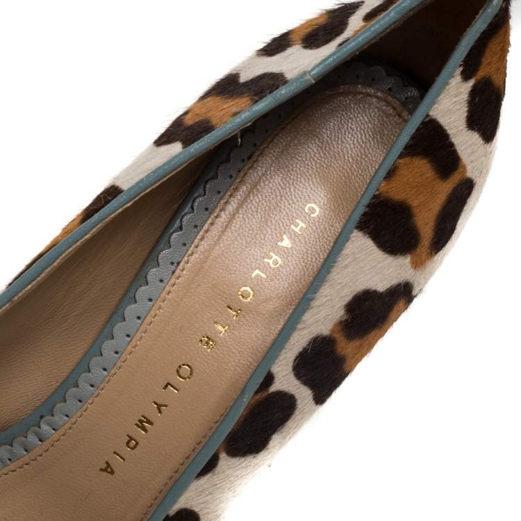 Pre Owned Charlotte Olympia Brown/Beige Leopard Print Pony Hair And Leather Pumps Size 38