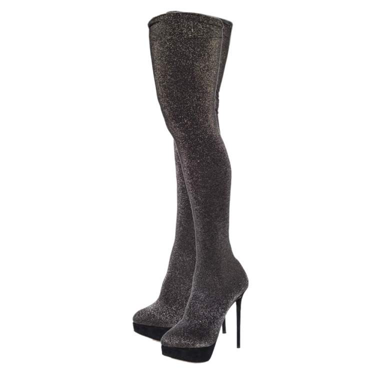Pre Owned Charlotte Olympia Glitter Stretch Fabric Stocking Thigh High Boots Size 38