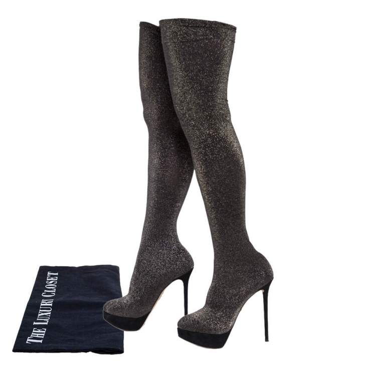 Pre Owned Charlotte Olympia Glitter Stretch Fabric Stocking Thigh High Boots Size 38