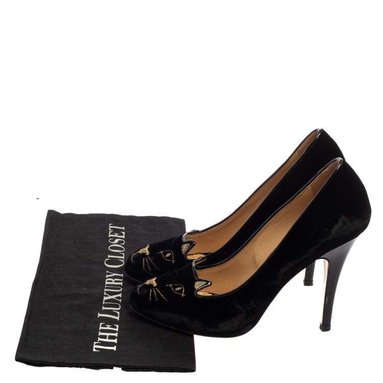 Pre Owned Charlotte Olympia Black Velvet Kitty Pumps Size 37.5