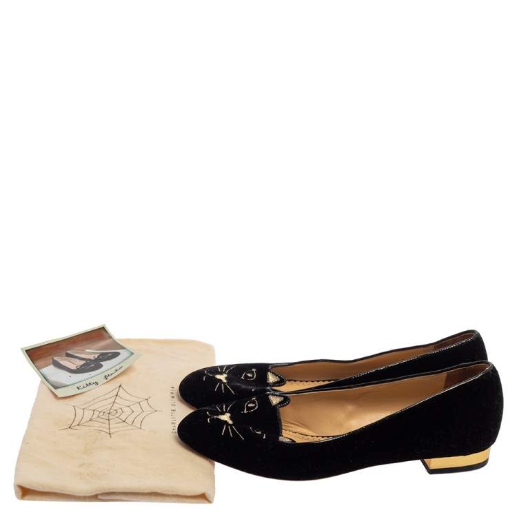 مملوكة مسبقًا Charlotte Olympia Black Velvet Kitty Ballet Flats Size 38