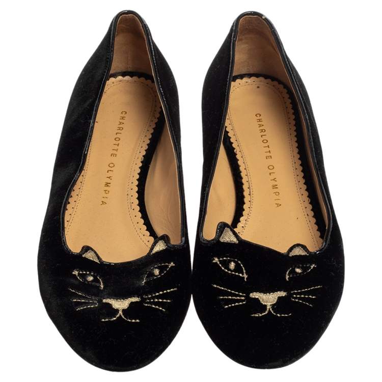 مملوكة مسبقًا Charlotte Olympia Black Velvet Kitty Ballet Flats Size 38
