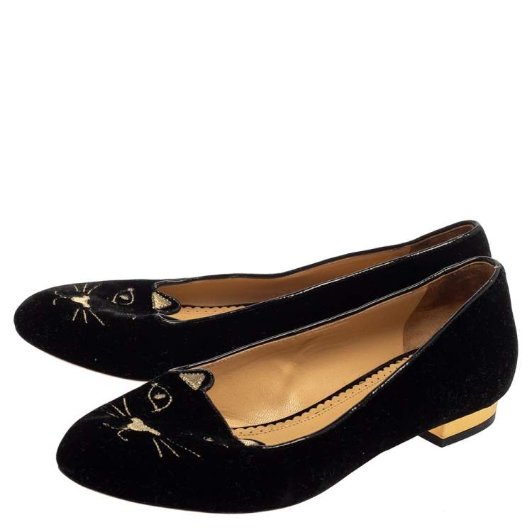 مملوكة مسبقًا Charlotte Olympia Black Velvet Kitty Ballet Flats Size 38