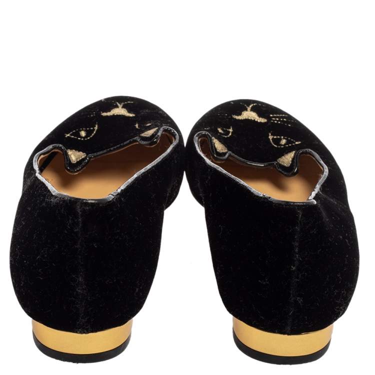 مملوكة مسبقًا Charlotte Olympia Black Velvet Kitty Ballet Flats Size 38