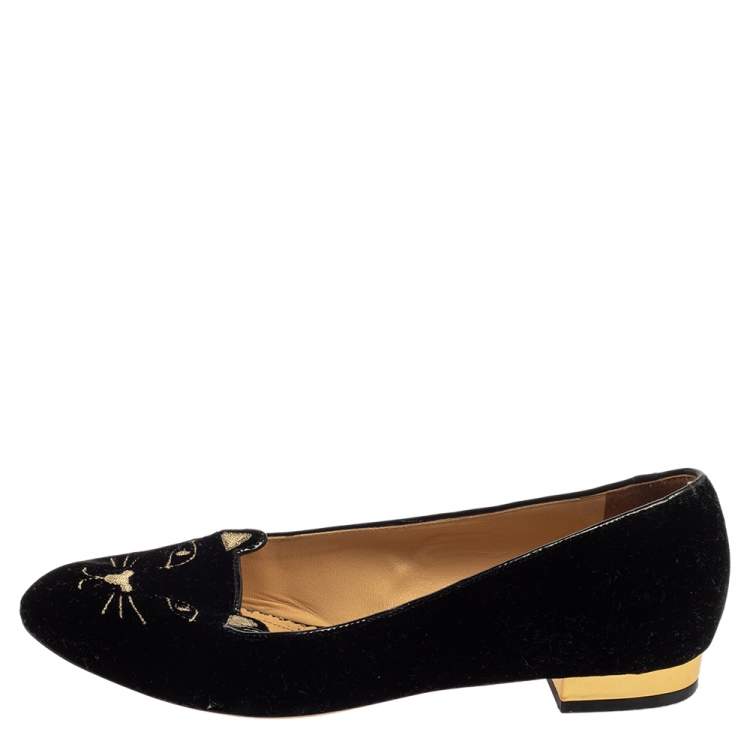 مملوكة مسبقًا Charlotte Olympia Black Velvet Kitty Ballet Flats Size 38