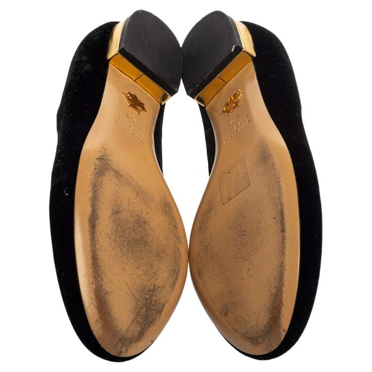 مملوكة مسبقًا Charlotte Olympia Black Velvet Kitty Ballet Flats Size 38