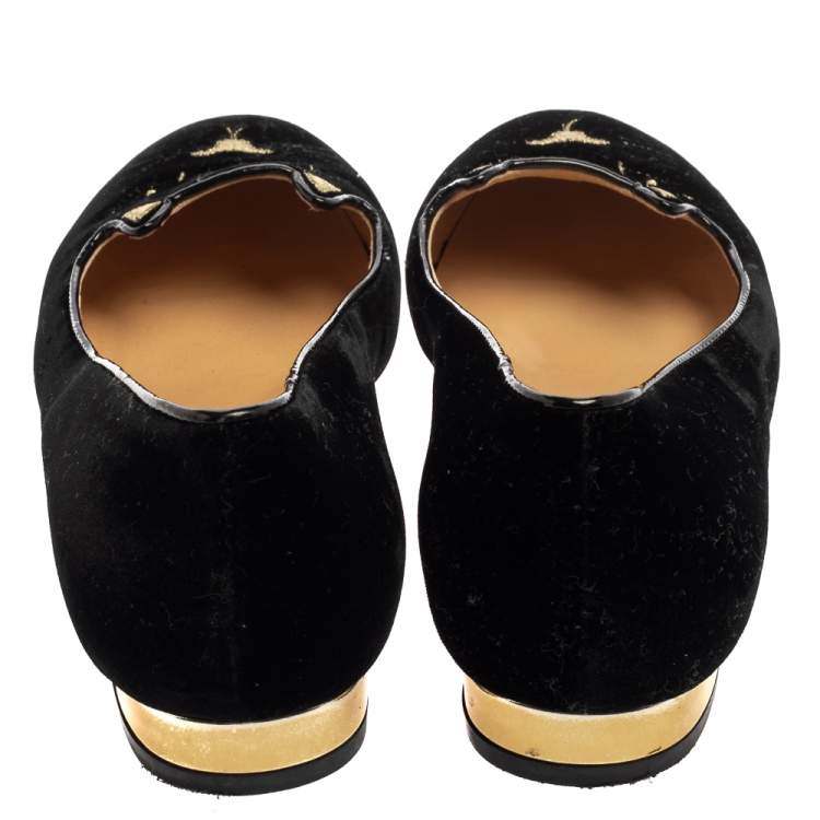 Pre Owned Charlotte Olympia Black Velvet Kitty Slip On Flats Size 39