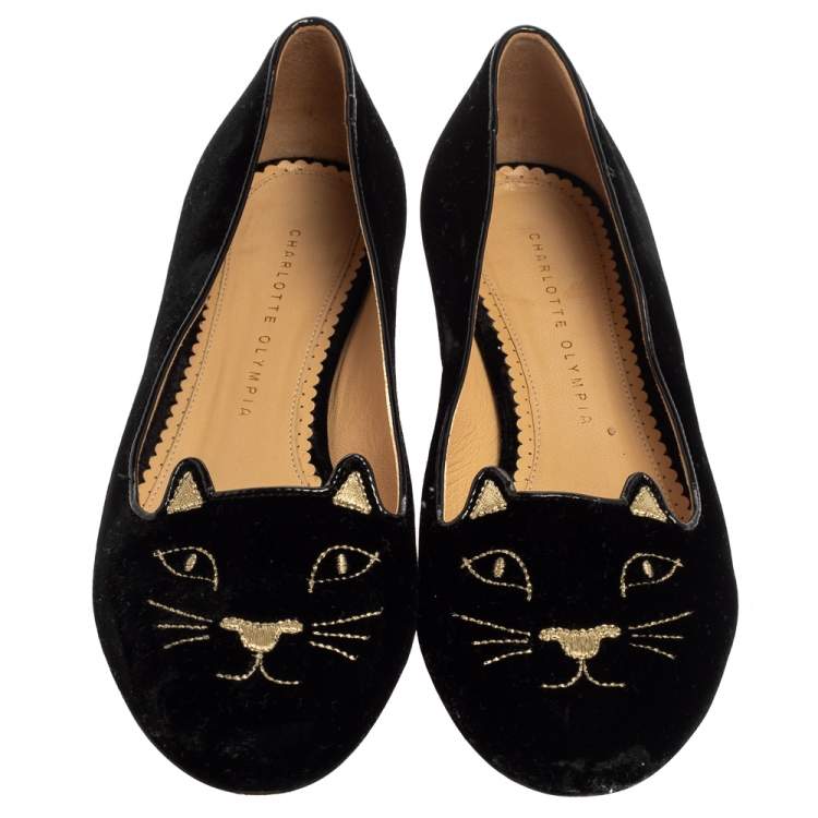 Pre Owned Charlotte Olympia Black Velvet Kitty Slip On Flats Size 39