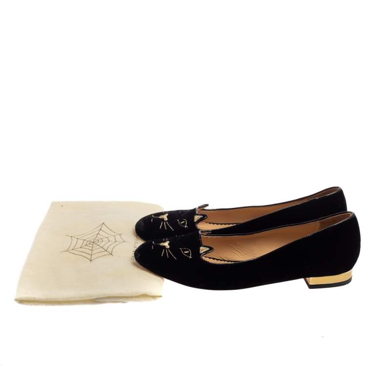 Pre Owned Charlotte Olympia Black Velvet Kitty Slip On Flats Size 39