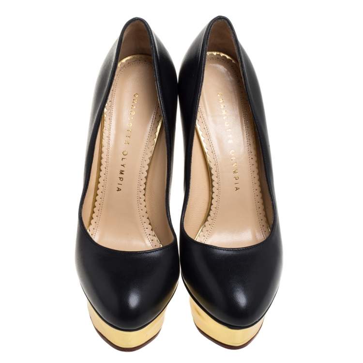 Pre Owned Charlotte Olympia Black Leather Dolly Platform Pumps Size 38