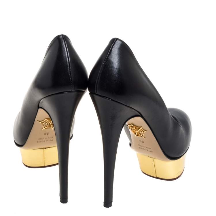 Pre Owned Charlotte Olympia Black Leather Dolly Platform Pumps Size 38