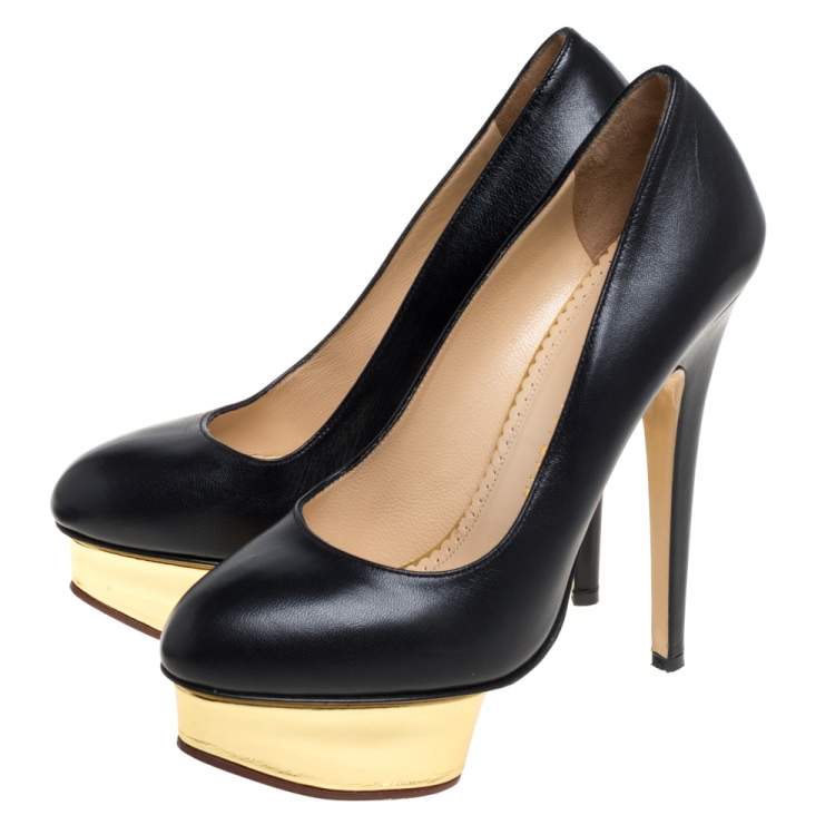 Pre Owned Charlotte Olympia Black Leather Dolly Platform Pumps Size 38
