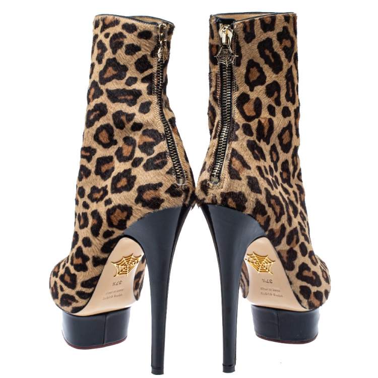 Pre Owned Charlotte Olympia Leopard Print Calf Hair Lucinda Platform Ankle Boots Size 37.5