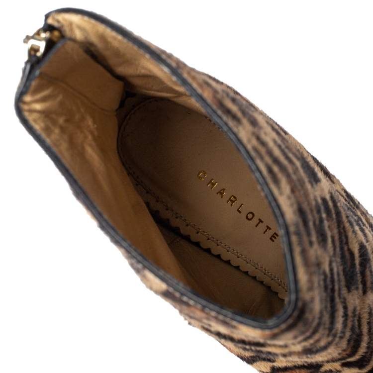 Pre Owned Charlotte Olympia Leopard Print Calf Hair Lucinda Platform Ankle Boots Size 37.5
