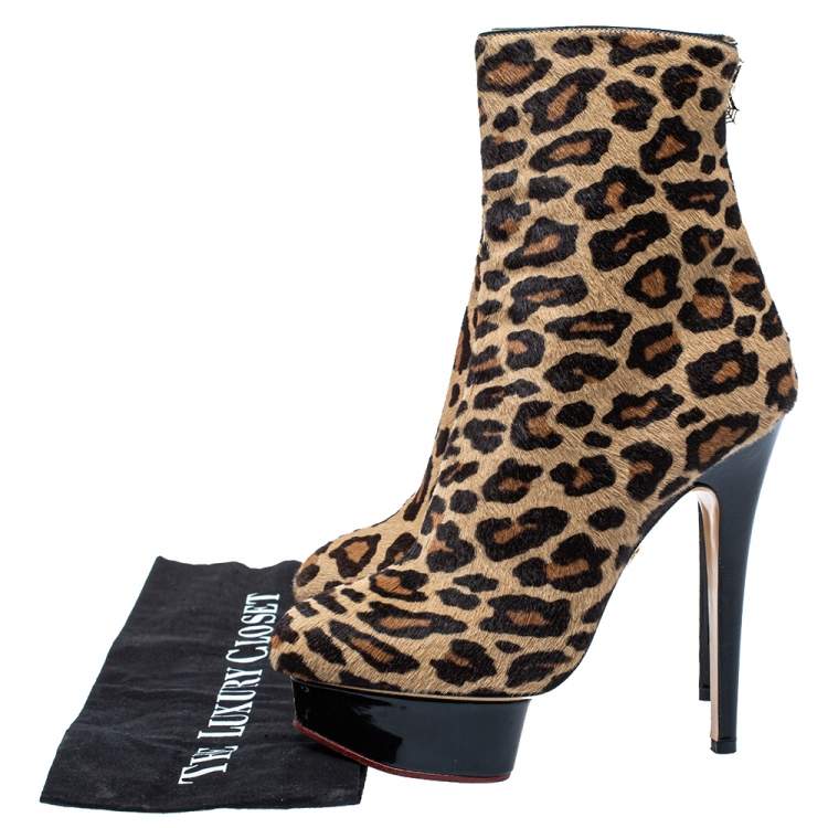 Pre Owned Charlotte Olympia Leopard Print Calf Hair Lucinda Platform Ankle Boots Size 37.5