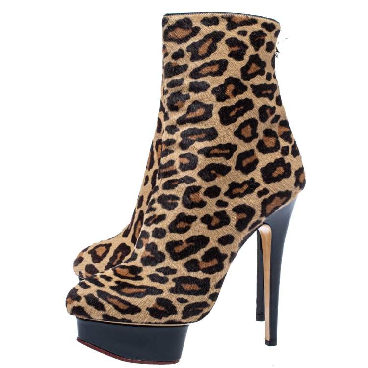 Pre Owned Charlotte Olympia Leopard Print Calf Hair Lucinda Platform Ankle Boots Size 37.5