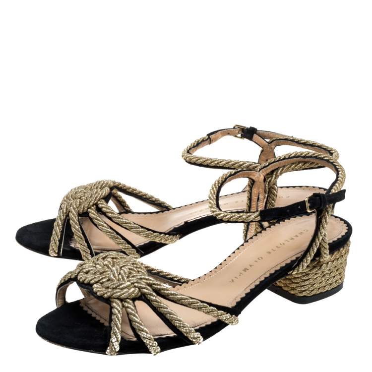 Pre Owned Charlotte Olympia Black Suede And Gold Rope Detail Strappy Sandals Size 39