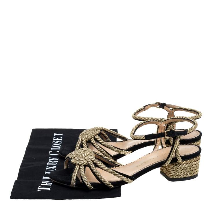 Pre Owned Charlotte Olympia Black Suede And Gold Rope Detail Strappy Sandals Size 39