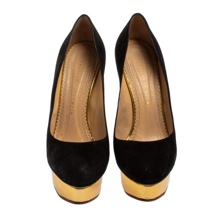 Pre Owned Charlotte Olympia Black Suede Dolly Platform Pumps Size 38.5