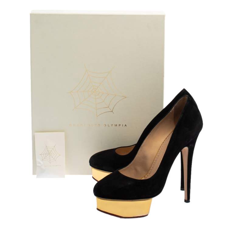 Pre Owned Charlotte Olympia Black Suede Dolly Platform Pumps Size 38.5