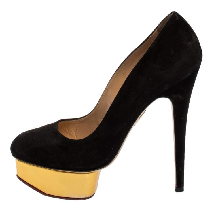 Pre Owned Charlotte Olympia Black Suede Dolly Platform Pumps Size 38.5