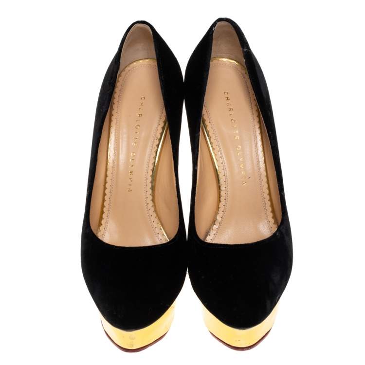 Pre Owned Charlotte Olympia Black Velvet Dolly Pumps Size 38