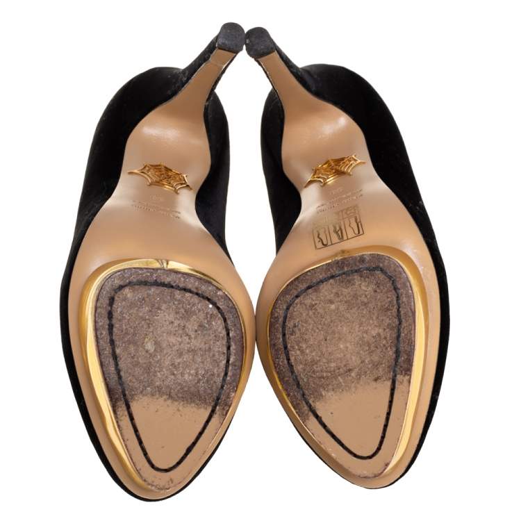 Pre Owned Charlotte Olympia Black Velvet Dolly Pumps Size 38