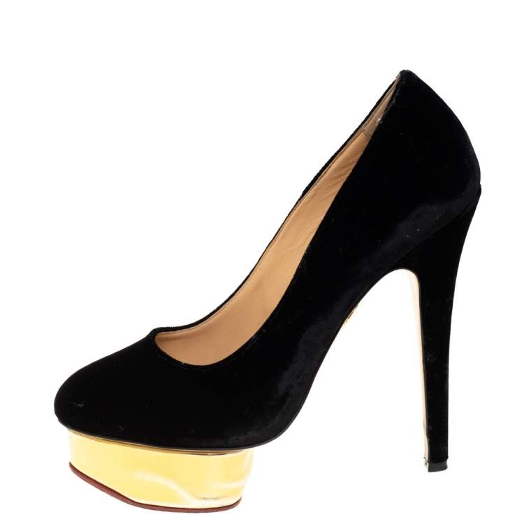 Pre Owned Charlotte Olympia Black Velvet Dolly Pumps Size 38