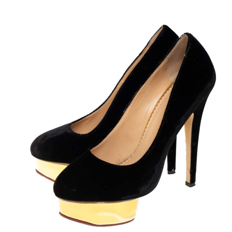 Pre Owned Charlotte Olympia Black Velvet Dolly Pumps Size 38