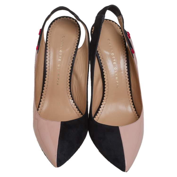 مملوكة مسبقًا Charlotte Olympia Beige/Black Patent Leather And Suede Slingback Pumps Size 40
