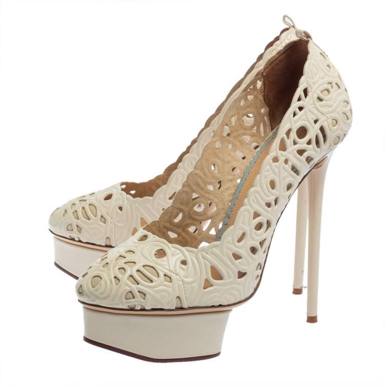 Pre Owned Charlotte Olympia Cream White Cut Out Leather Scribble Dolores Platform Pumps Size 39