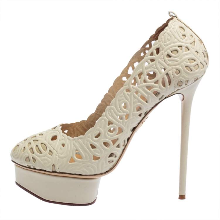 Pre Owned Charlotte Olympia Cream White Cut Out Leather Scribble Dolores Platform Pumps Size 39