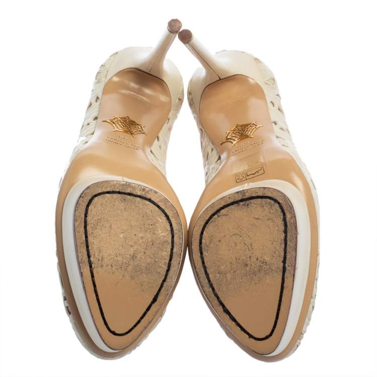 Pre Owned Charlotte Olympia Cream White Cut Out Leather Scribble Dolores Platform Pumps Size 39