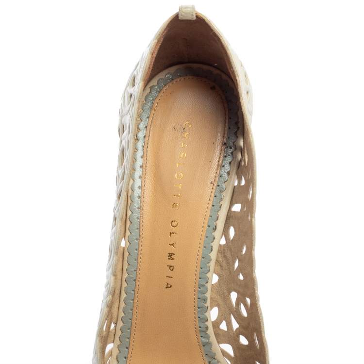 Pre Owned Charlotte Olympia Cream White Cut Out Leather Scribble Dolores Platform Pumps Size 39