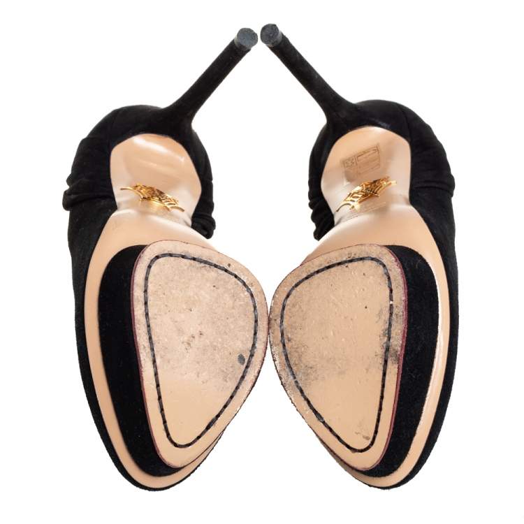 مملوكة مسبقًا Charlotte Olympia Black Suede And Fabric Eccentric Josephine Knot Detail Platform Pumps Size 37