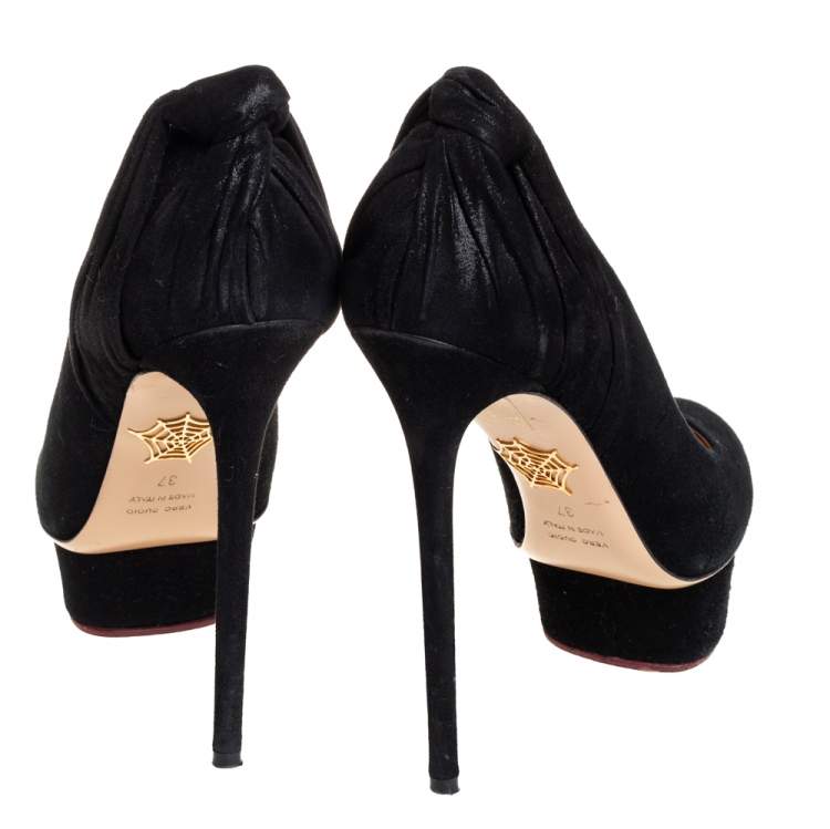 مملوكة مسبقًا Charlotte Olympia Black Suede And Fabric Eccentric Josephine Knot Detail Platform Pumps Size 37
