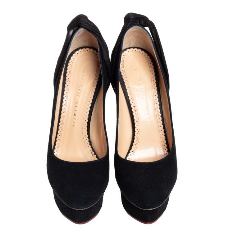 مملوكة مسبقًا Charlotte Olympia Black Suede And Fabric Eccentric Josephine Knot Detail Platform Pumps Size 37