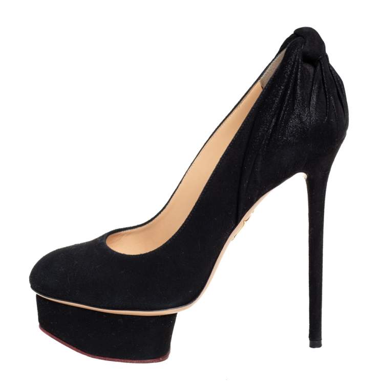 مملوكة مسبقًا Charlotte Olympia Black Suede And Fabric Eccentric Josephine Knot Detail Platform Pumps Size 37
