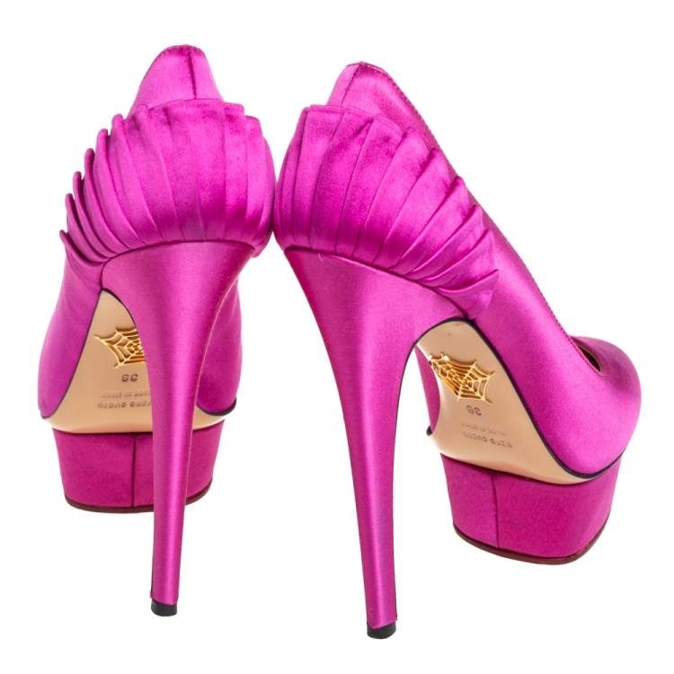 Pre Owned Charlotte Olympia Pink Satin Paloma Fan Pleat Platform Pumps Size 38