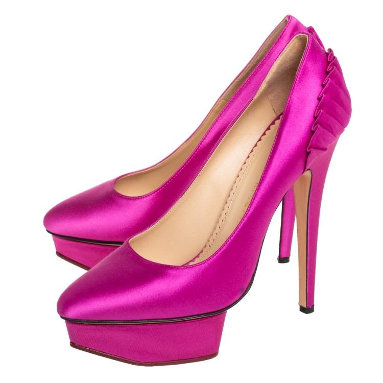 Pre Owned Charlotte Olympia Pink Satin Paloma Fan Pleat Platform Pumps Size 38