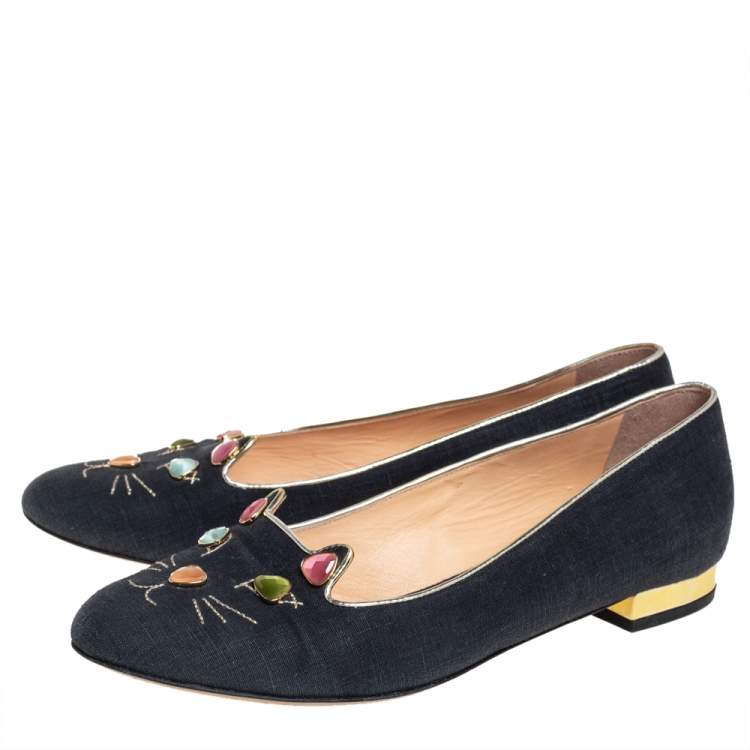 Pre Owned Charlotte Olympia Black Fabric And Patent Leather Emoticats Cheeky Kitty Ballet Flats Size 39.5