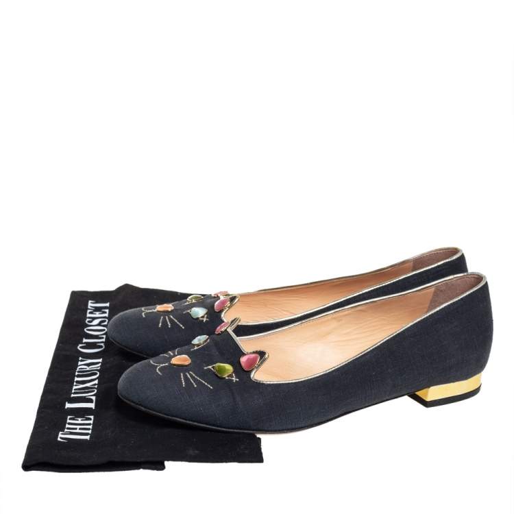 Pre Owned Charlotte Olympia Black Fabric And Patent Leather Emoticats Cheeky Kitty Ballet Flats Size 39.5