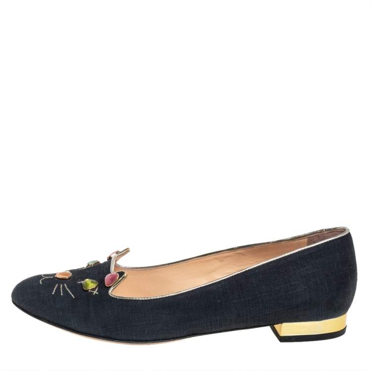 Pre Owned Charlotte Olympia Black Fabric And Patent Leather Emoticats Cheeky Kitty Ballet Flats Size 39.5