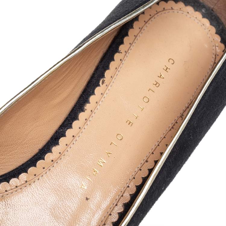 Pre Owned Charlotte Olympia Black Fabric And Patent Leather Emoticats Cheeky Kitty Ballet Flats Size 39.5