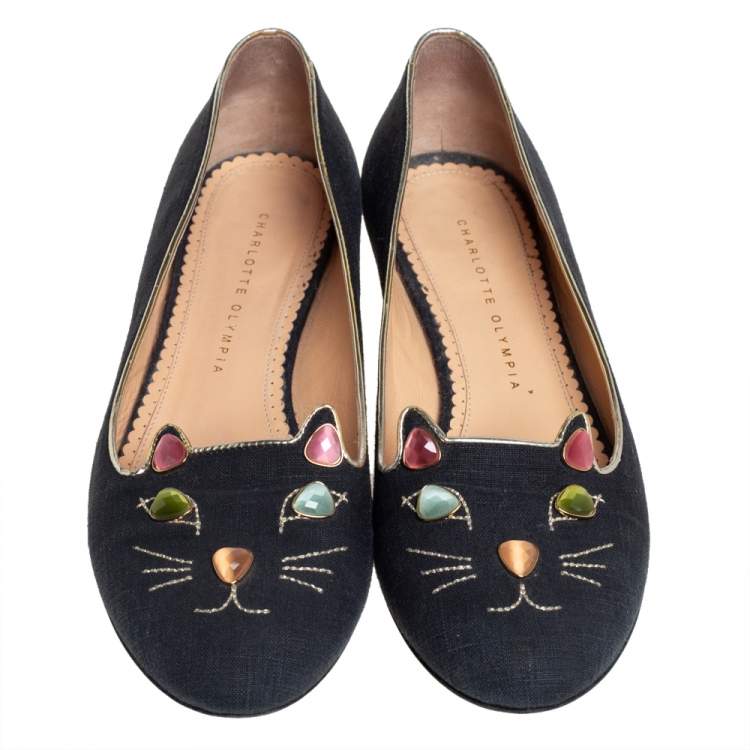 Pre Owned Charlotte Olympia Black Fabric And Patent Leather Emoticats Cheeky Kitty Ballet Flats Size 39.5