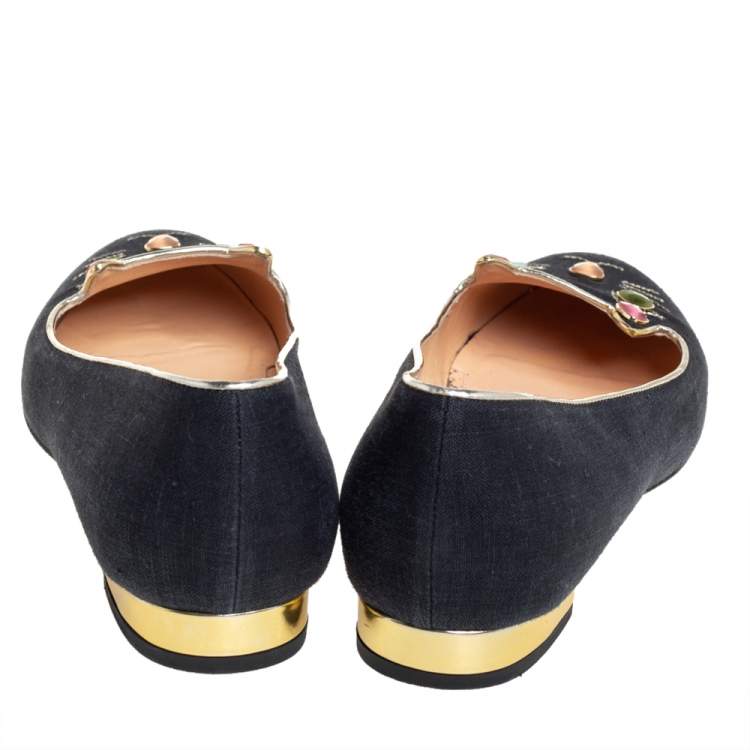 Pre Owned Charlotte Olympia Black Fabric And Patent Leather Emoticats Cheeky Kitty Ballet Flats Size 39.5