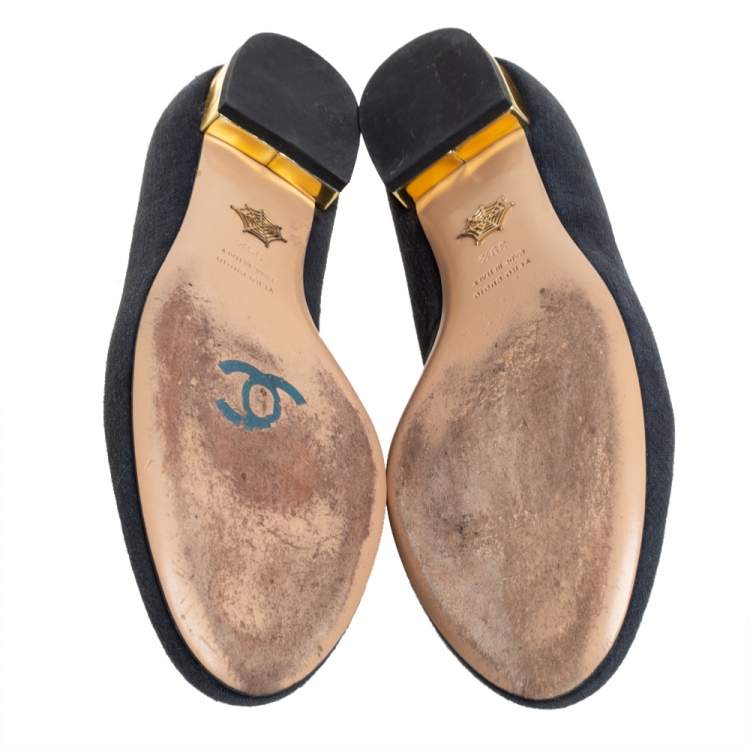 Pre Owned Charlotte Olympia Black Fabric And Patent Leather Emoticats Cheeky Kitty Ballet Flats Size 39.5