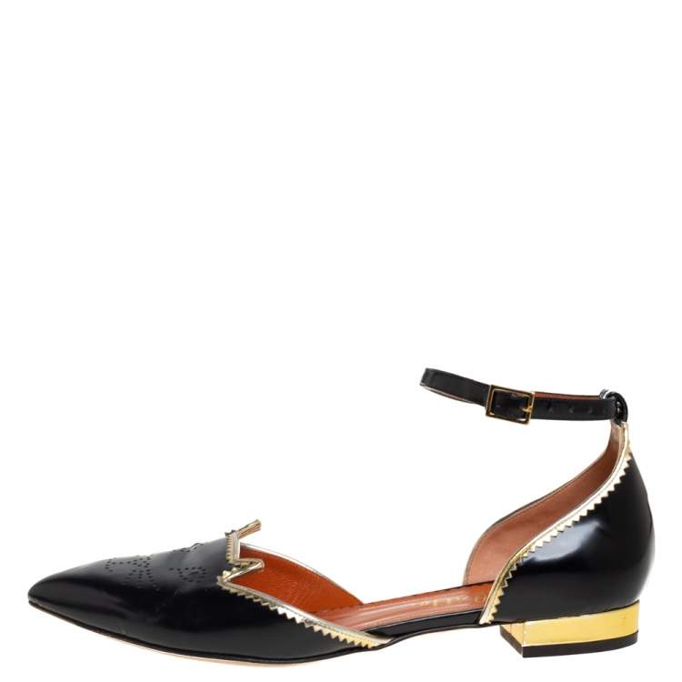Pre Owned Charlotte Olympia Black/Gold Brogue Kitty Leather Flat Ankle Cuff Sandals Size 40