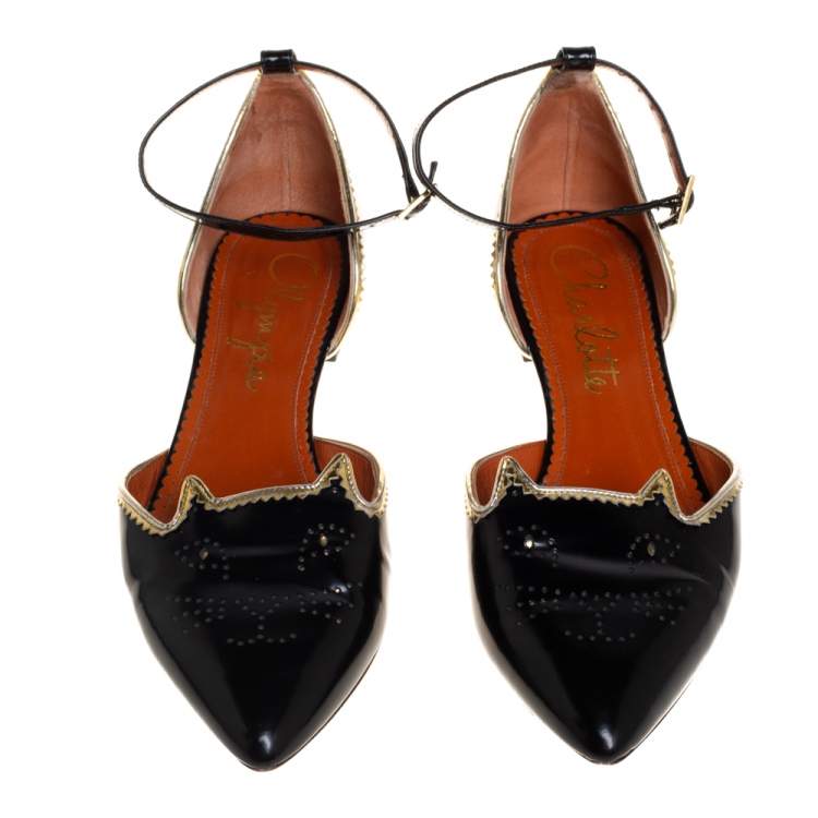 Pre Owned Charlotte Olympia Black/Gold Brogue Kitty Leather Flat Ankle Cuff Sandals Size 40