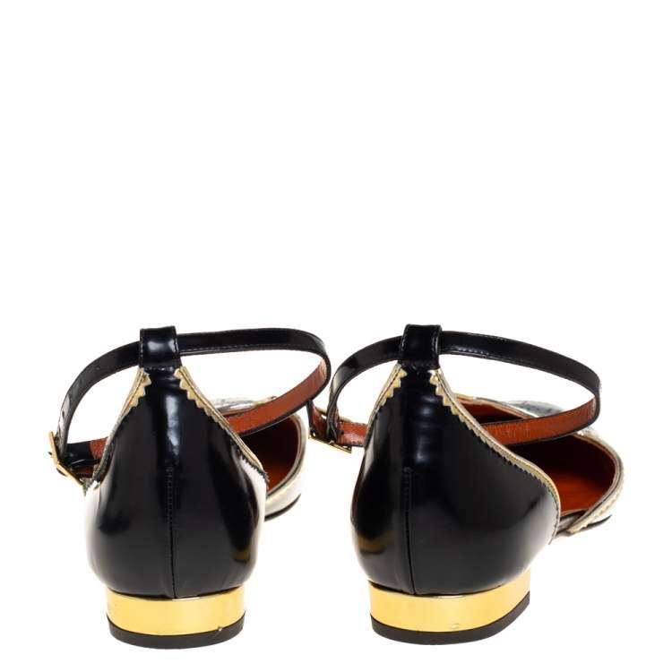 Pre Owned Charlotte Olympia Black/Gold Brogue Kitty Leather Flat Ankle Cuff Sandals Size 40